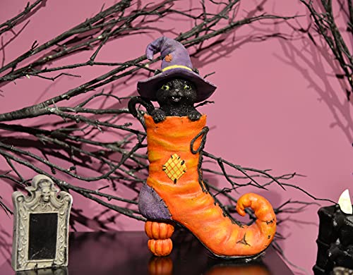 Halloween-Witches-Boot-Decor-Figurines-Black-Cat-in-Witch-Boot-Halloween-Dia-de-Los-Muertos-Decorations-Collectible-Figurines-7-L-x-28-W-x-10-H-Newman-House-Studio