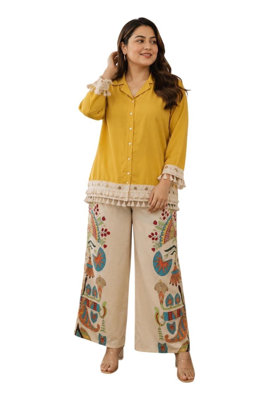 Women Co-ord Set Yellow Printed Top with Skin Printed Pant - 2 Piece Western Co-ord Set for Casual Festive-image-3