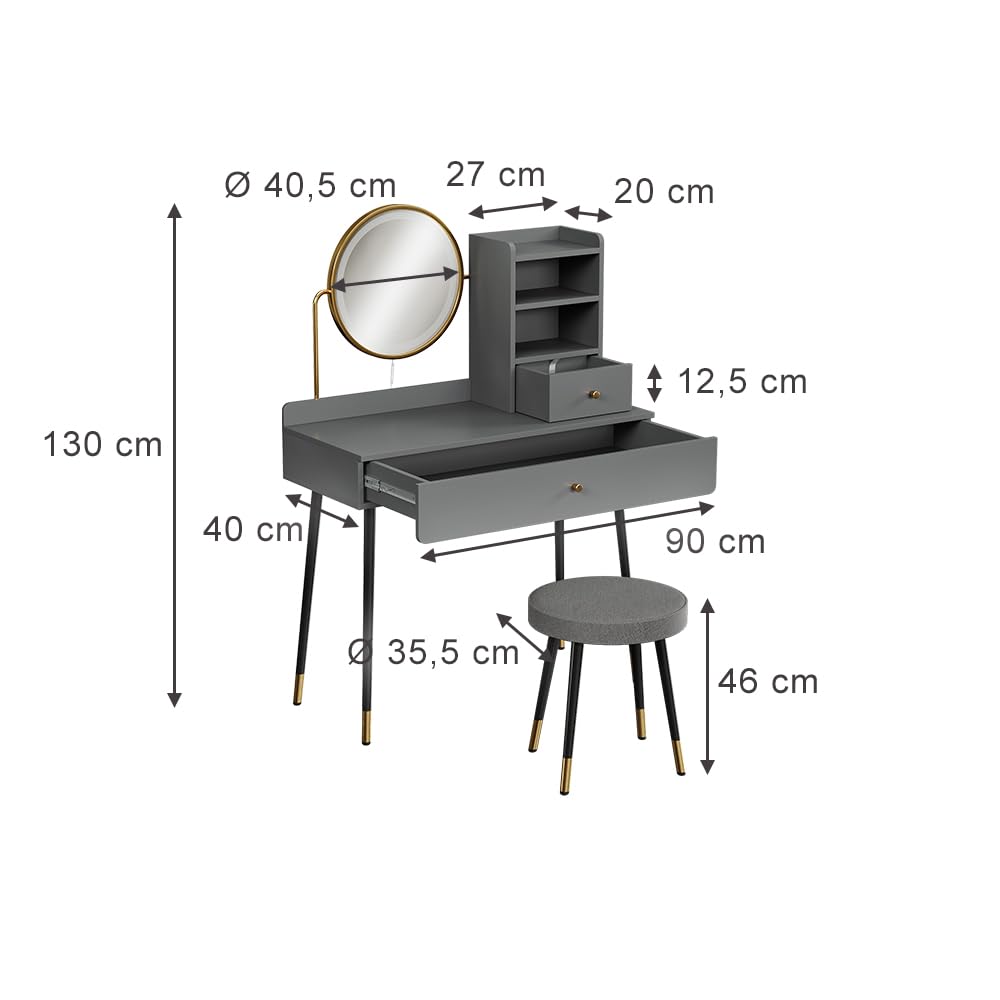 Vicco Schminktisch Mirela, Grau, 90 cm | mit LED-Spiegel und Hocker, geeignet zur täglichen Pflege und Organisation von Kosmetikartikeln