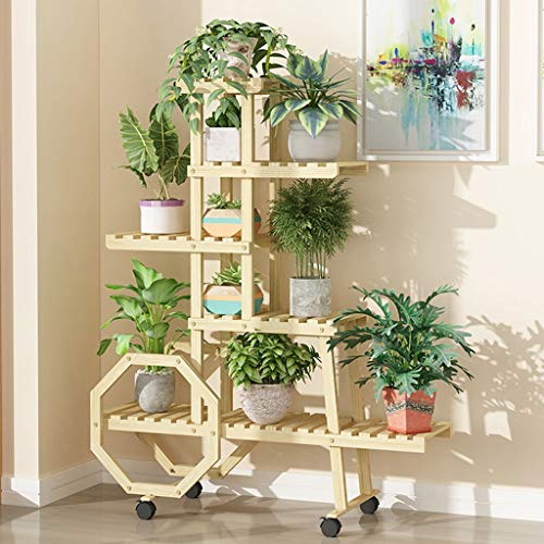 CQ Multi-layer Storage and Storage Shelf Solid Wood Pulley Convenient Mobile Flower Stand (Color : Wood)
