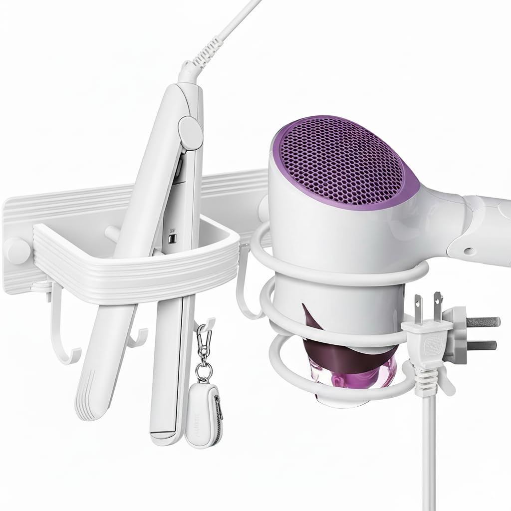YUET Hair Dryer Holder Wall Mounted with Four Hooks, White
