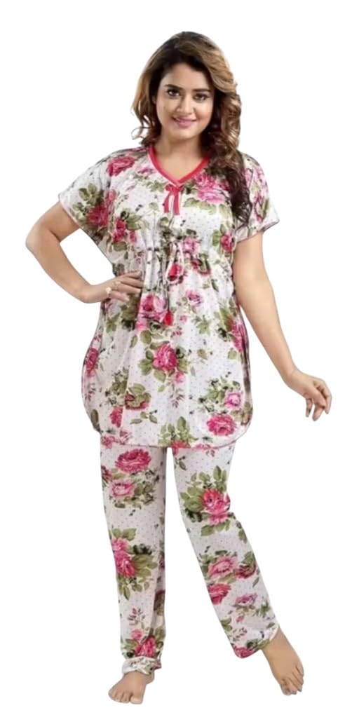 Women's Satin All Over Printed Night Suit (White, Free Size)-picture-49