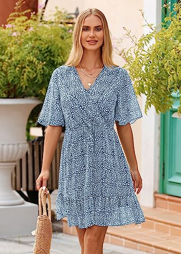 Kirundo Women's Dress Short Sleeve Ruffle Leopard Print Sexy V Neck High Waist Short Flowy Mini Dress With Belt(X-Large, Light Blue) #TOP2