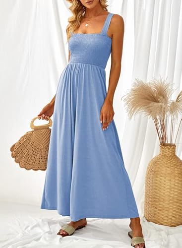 Dokotoo Women's Loose Casual Crewneck Jumpsuits For Women Solid Sleeveless Elasitic Stretchy Wide Leg Long Romper Summer Beach Overall Sky Blue Small #TOP4