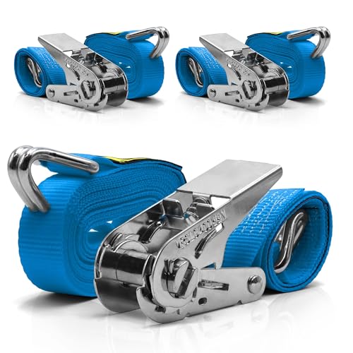(3er Pack) Fatbox Spanngurt mit Ratsche 6m x 25mm - Orange, Blau, Schwarz, TÜV/GS Zertifiziert, DIN EN 12195-2, Ideal zur Ladungssicherung - zweiteilig mit Haken (Blau, 25mm x 6m)