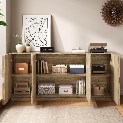 vutizal Sideboard Wohnzimmer mit Holzoptik & Bogenfronten, Aufbewahrungsschrank mit Federzug-Türen & Regalen, Esszimmer Sideboard, 160x40x80 cm