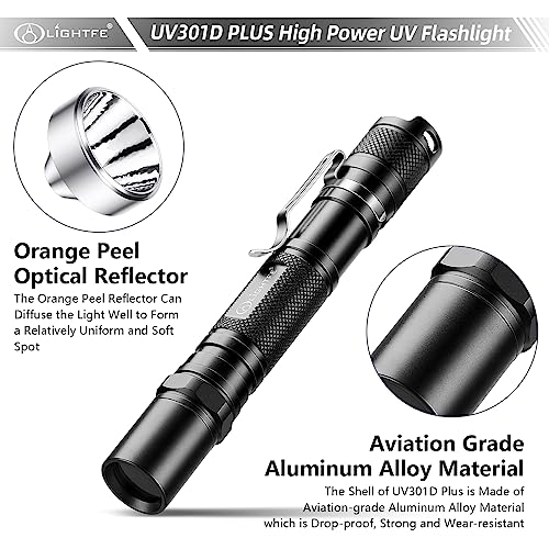 LIGHTFE Black Light 365nm UV Flashlight UV301D-Plus Vision with SSC UV LED, Max. 3000mW Power Output, Black Filter Lens, 2 AA Batteries, Rock and Mineral Detector