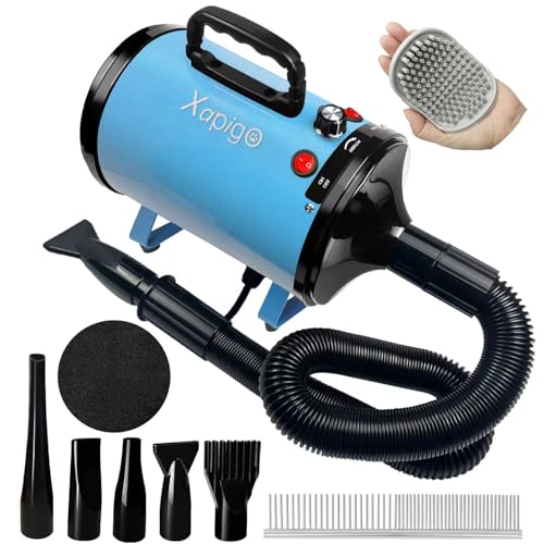 Pet Grooming Dryer with Adjustable Speed for Dogs Quiet and Powerful Dog Hair Dryer Includes Different Nozzles Pet Towel and Brush Ideal for Pet Grooming and Home Use Metal Blue