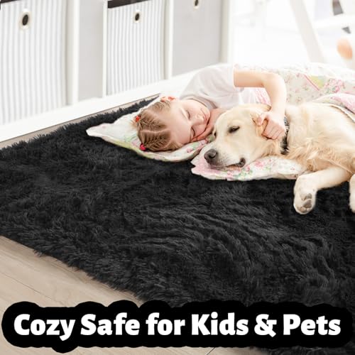 Amdrebio Black Area Rugs for Bedroom, 5x8, Large Fluffy Rug for Living Room Decor, Modern Cool Rugs for Kids, Boys, Men, Furry Shaggy Carpets for Classroom, Fuzzy Plush Gothic Carpet for Home Office