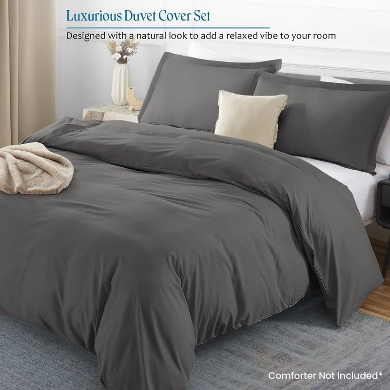 1-Piece Queen Size Duvet Cover Only, 88" x 90", 100% Egyptian Cotton, 600 Thread Count, Dark-Gray Solid, Zipper Closure, Lightweight Cooling Duvet Cover, Soft Breathable Bedding