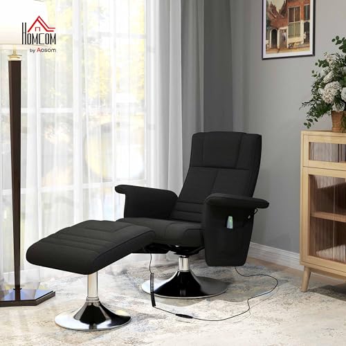 HOMCOM Relaxsessel mit Hocker, 360°drehbarer Fernsehsessel mit Vibrations-Massage, Liegefunktion, Massagesessel mit Seitentasche, Ruhesessel, Leinenstoff für Wohnzimmer Schwarz – Bild 3