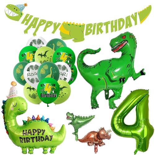 Ohighing Decoration Anniversaire Garcon 4 Ans Dinosaure Happy Birthday Decoration Dinosauro Vert Ballon Numéro 4