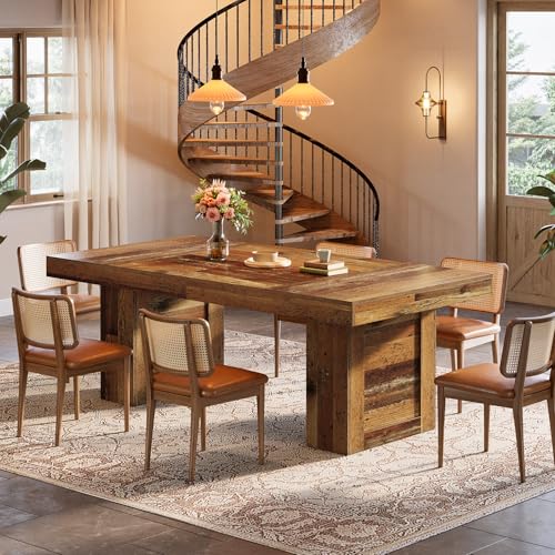 Tribesigns 63'' Farmhouse Dining Table for 6, Rectangle Wooden Kitchen Table with Heavy-Duty Legs, Rustic Large Dining Room Furniture for Family Meals, Banquets & Dinner Parties, Brown