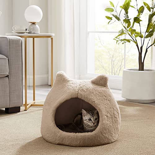 Best Friends by Sheri Meow Hut in Fur Cover Dome Cat and Dog Bed, Wheat, Small - Image 3