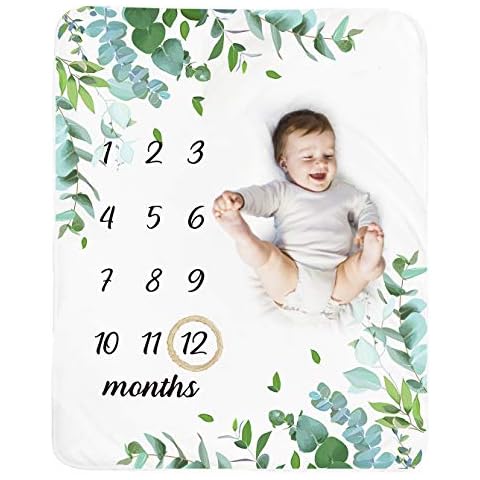 Baby Monthly Milestone Blanket Boy - Neutral Leaf Newborn Month Blanket for Boy & Girl Personalized Shower Gift Soft Plush Fleece Photography Background Prop with Wooden Wreath Large 51''x40'' Cover