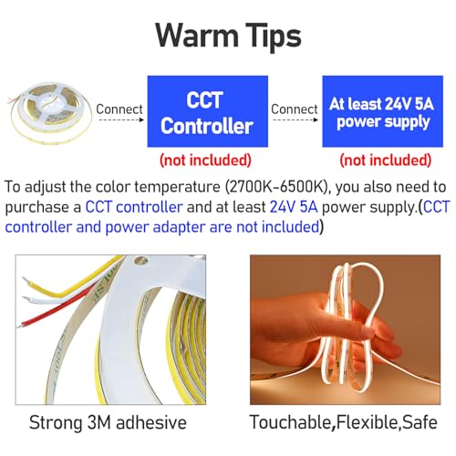 Image of GOMING 24V 10M(32.8ft) 3Pin 8mm Width CCT COB LED Strip 2700K-6500K Tunable White 576LED /M CRI 93+ Flexible IP20 Not Waterproof LED Tape Lights for Home Decor(Controller and Power Supply Not Included)