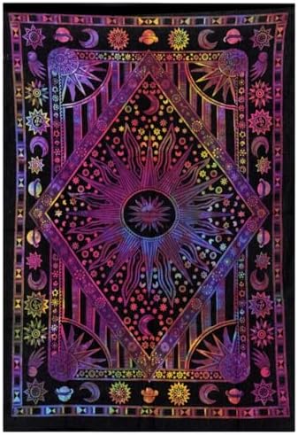THE ART BOX Burning Sun Zodiac Aesthetic Hippie Tapestry Blue - 215x230 cm Mandala Indie Cotton Celestial Large Wall Hanging Tarot Trippy Tapestries for Bedroom
