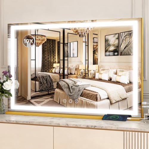 Image of ROLOVE Extra Large Gold Hollywood Vanity Mirror with Lights, 39 inch x 28 inch Makeup Mirror, Luxury Gold Frame, USB Charging Port, 3 Color Dimmable Lighting, 10X Magnifier, Wall Mounted or Tabletop