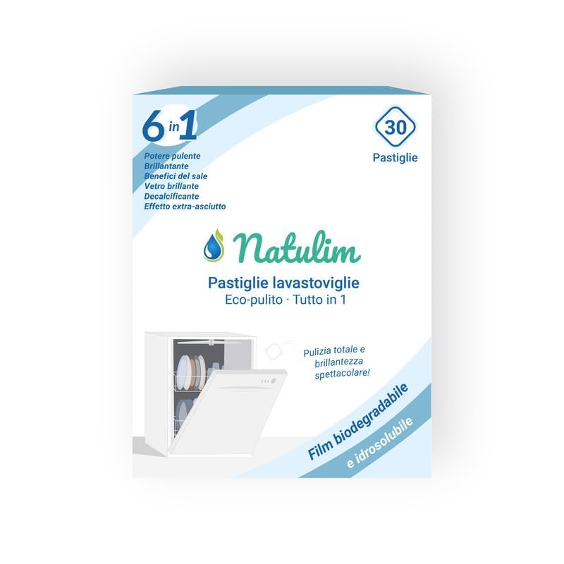 Natulim Pastillas de Lavavajillas Biodegradables e Hidrosolubles 6 en 1, 30 Uds - Limpieza Profunda, Abrillantador, Función Sal, Protección Cristal, Descalcificador, Efecto Secado Extra (001)