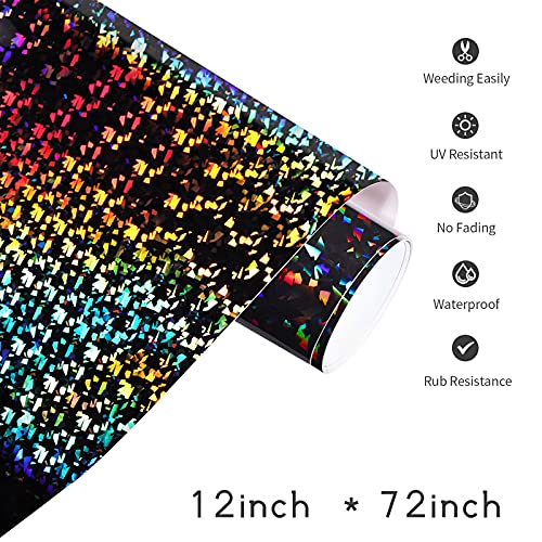 Holographic Vinyl Black Permanent Vinyl Broken Glass Adhesive Vinyl Roll 12” * 6 Feet,Black Craft Vinyl For Cricut,For Diy Decor,Sign Plotters #TOP1