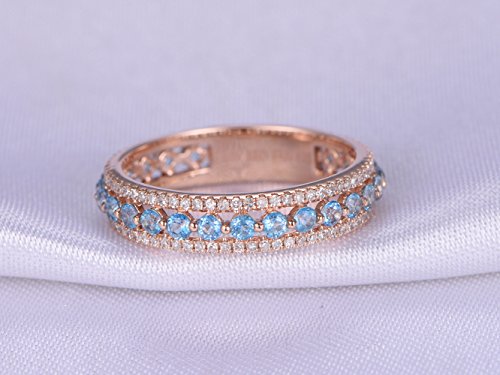 3Pcs Blue Topaz Engagement Ring Set 3 Row Wedding Ring 14K Rose Gold Diamond Stacking Band Promise Rings #TOP1