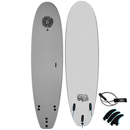 KONA SURF CO. Malibu Beginners Surfboard for Adults and Kids - Soft Board Foam Top Surfboard Foamie for Beach of Softboards - Includes Removable Fins and Leash in Grey sz:7ft 0in