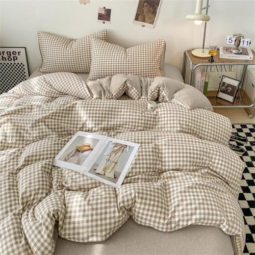 Image of Nayoroom Gingham Duvet Cover Full Size Brown Tan Plaid Checkered Comforter Cover Grid Farmhouse Bedding Set 3 Pcs Soft Breathable Washed Microfiber Gifts for Women Men
