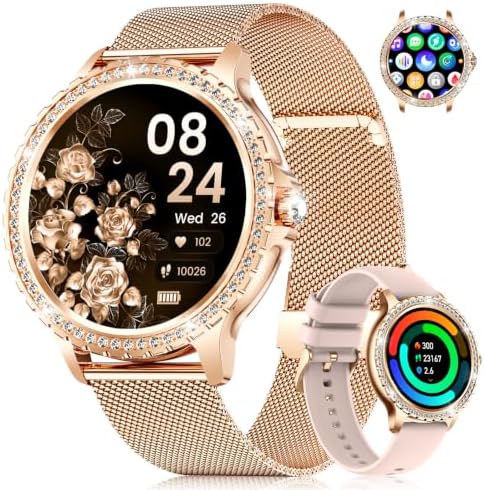 Smartwatch Damen mit Zirkonia-Steinen, 1,32‘’ HD Touchscreen Ultra 9mm Elegante Fitnessuhr mit Bluetooth Anruf & Nachrichten, Puls/SpO2/Menstruationszyklus, 100+ Sportmodi für iOS