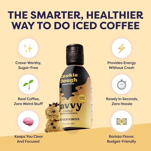 Image of Javvy Cold Brew Coffee Concentrate Instant Coffee, Cookie Dough | 100% Real Coffee, 0g Sugar, No Artificial Flavors, 60-80mg Caffeine per Serving, Gluten Free, Makes Hot or Iced Coffee