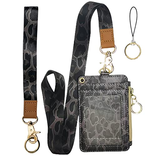 bolimoss Cheetah Badge Holder with Lanyard,Lanyards for ID Badges,Leopard Print Zip Id Case and Lanyard Women Wallet Vertical Card Protector Cover Case for Work Nurse Medical Doctor Student Teacher
