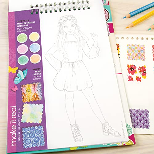 Make It Real: Fashion Design Sketchbook: Blooming Creativity - Includes 90 Stickers & Stencils, Draw Sketch & Create, Fashion Coloring Book, Tweens & Girls, Kids Ages 6+ #TOP4