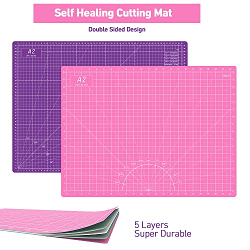 Rotary Cutter Set Pink - Quilting Kit incl. 45mm Fabric Cutter, 5 Replacement Blades, A2 Cutting Mat, Acrylic Quilting Ruler and Sewing Clips, Craft Knife Set, Ideal for Crafting, Sewing, Patchworking