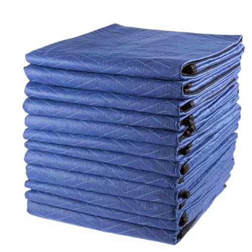 Image of Moving Blankets - Set of 12 Dual-Layer Padded Blankets - 80x73-Inch Oversized Quilts for Storage, Shipping, and Sound Deadening by Stalwart (Blue)