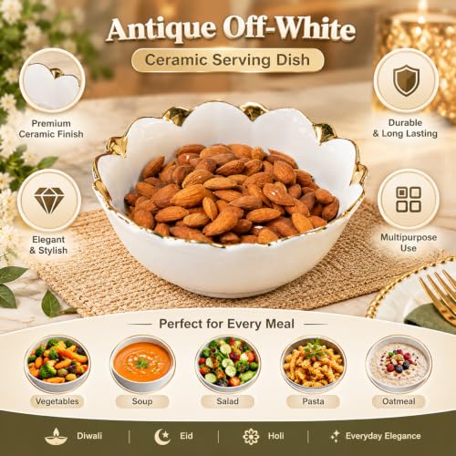 Image of MARKET 99 Antique Off-White Ceramic Serving Dish | Multipurpose Bowls for Vegetables, Soup, Salad, Pasta & Oatmeal | Luxury Serveware for Diwali, Eid, Holi & Everyday Stylish Table Setting