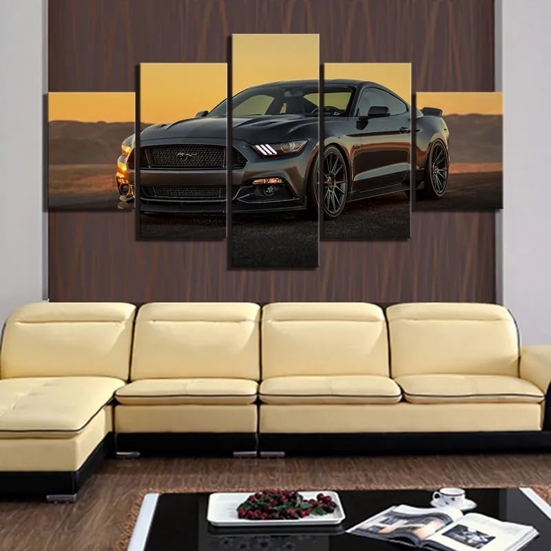 Toile peinture Mustang noire 5 parties décoration murale haut de gamme pour intérieur