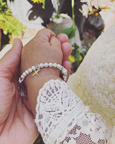 Miniatura 8 de Delicada pulsera de plata de ley grabada con cruz con perlas y cristales blancos de imitación europeos, el mejor regalo de bautismo y bautizo para