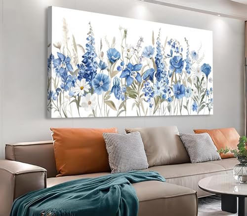tigeridge Lienzo decorativo para pared con diseño floral azul vibrante de iris y margaritas, decoración de pared, pintura de flores, elegante, impresiones botánicas, sala de estar, dormitorio