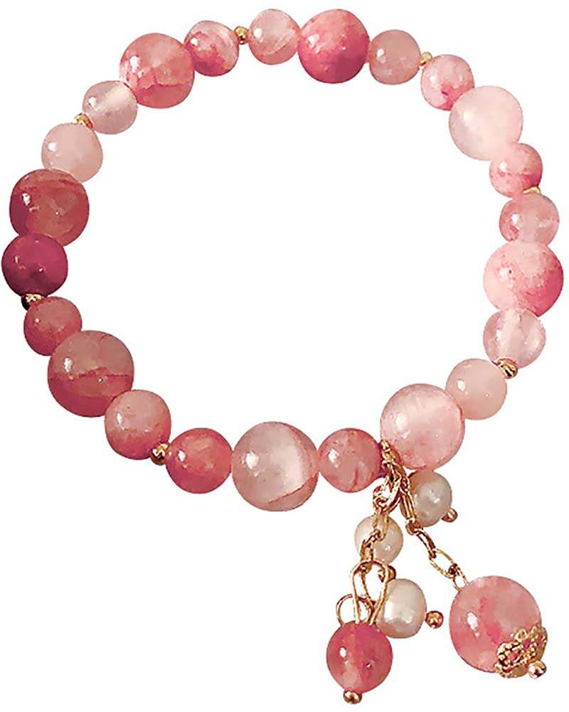 Bracciale Donna In Quarzo Rosa Fragola Con Pietre Naturali Elasticizzato - Regalo In Confezione Velluto