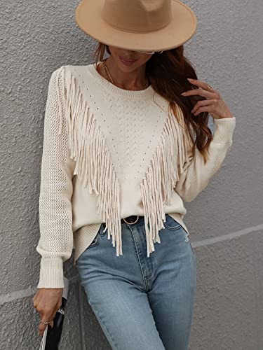 Image of Women's Casual Crewneck Fringe Tassels Crochet Long Sleeve Knitted Fall Sweater Pullover Tops