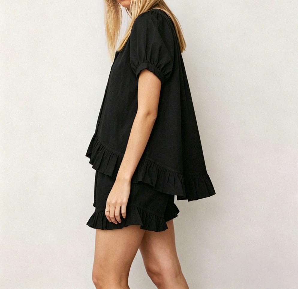 Image of Womens Ruffle Pajama Set Short Sleeve Button Down Top and Shorts | Cotton Ruffle Pajamas Set, Ruffle Shorts Set Women, 2 Piece Shorts Set for Women