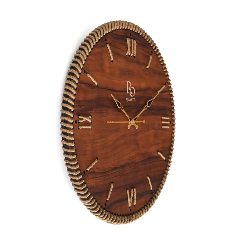 Image of Wooden Round Shape Roman Dial Analog Clock with Golden Hand and Golden Jute Rope Detailing | Silent Quartz Movement Anti Reflection Wall Clock for Home and Office (Brown, 15.5 inch)