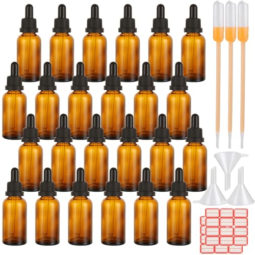LOPYXBR 24 Pcs Botellas de Cristal Ámbar 30ml con Cuentagotas, Botella Ámbar Goteros Cuentagotas para Aceites Esenciales, Gotero Cristal 30ml para Mezclas DIY, Incluye Embudos, Pegatinas y Pipetas