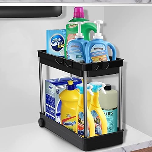 ASOBEAGE Unter Waschbecken Regal, 2 Etagen Gewürzregale,Standregal Küche Arbeitsplatte, Kitchen Organizer, Schiebeschrank Korb mit Haken Für den Einsatz in Küchen, Bädern und Engen Stellen, Schwarz… Cover
