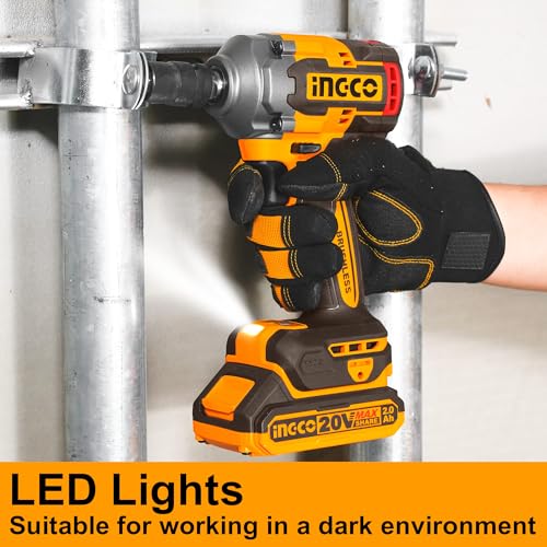 Image of Ingco 20V Cordless Impact Wrench 1 /2 Inch 400NM, Brushless Motor, Nut-Busting Torque 550Nm, 20V Battery Impact Gun, LED Work Light with 2 Pcs 2.0Ah Battery Pack And Charger, Packed by Carrying Case