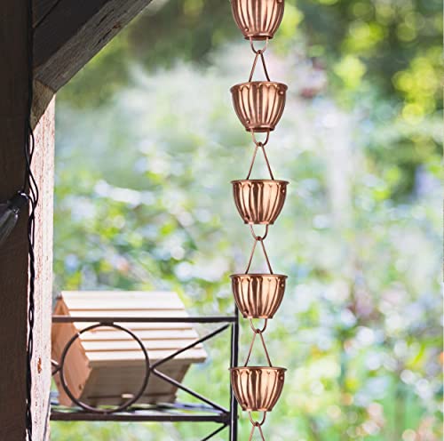 U-Nitt Rain Chains, Roof Gutter Downspout/Spout Channel, Rainwater Water Catcher/Diverter, 8.5 Feet Length, Metal, Pure Copper, Ribbed Bowl, 5555 #TOP5