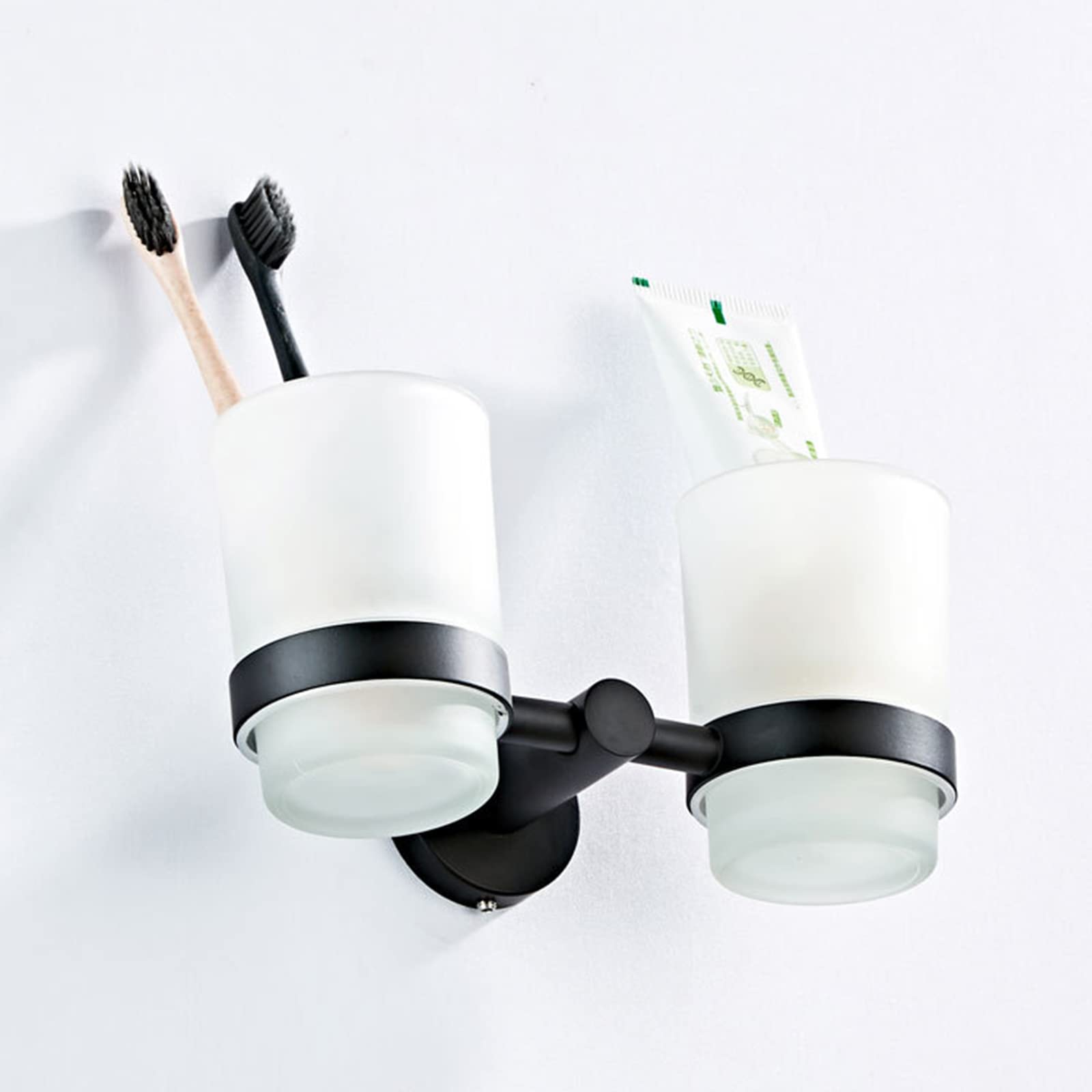 Schwarzer Zahnbürstenhalter, Badezimmer-Zahnbürste Im Modernen Stil Aus Messing Mit Becherhalter Aus Milchglas, Zahnbürstenhalter Zur Wandmontage