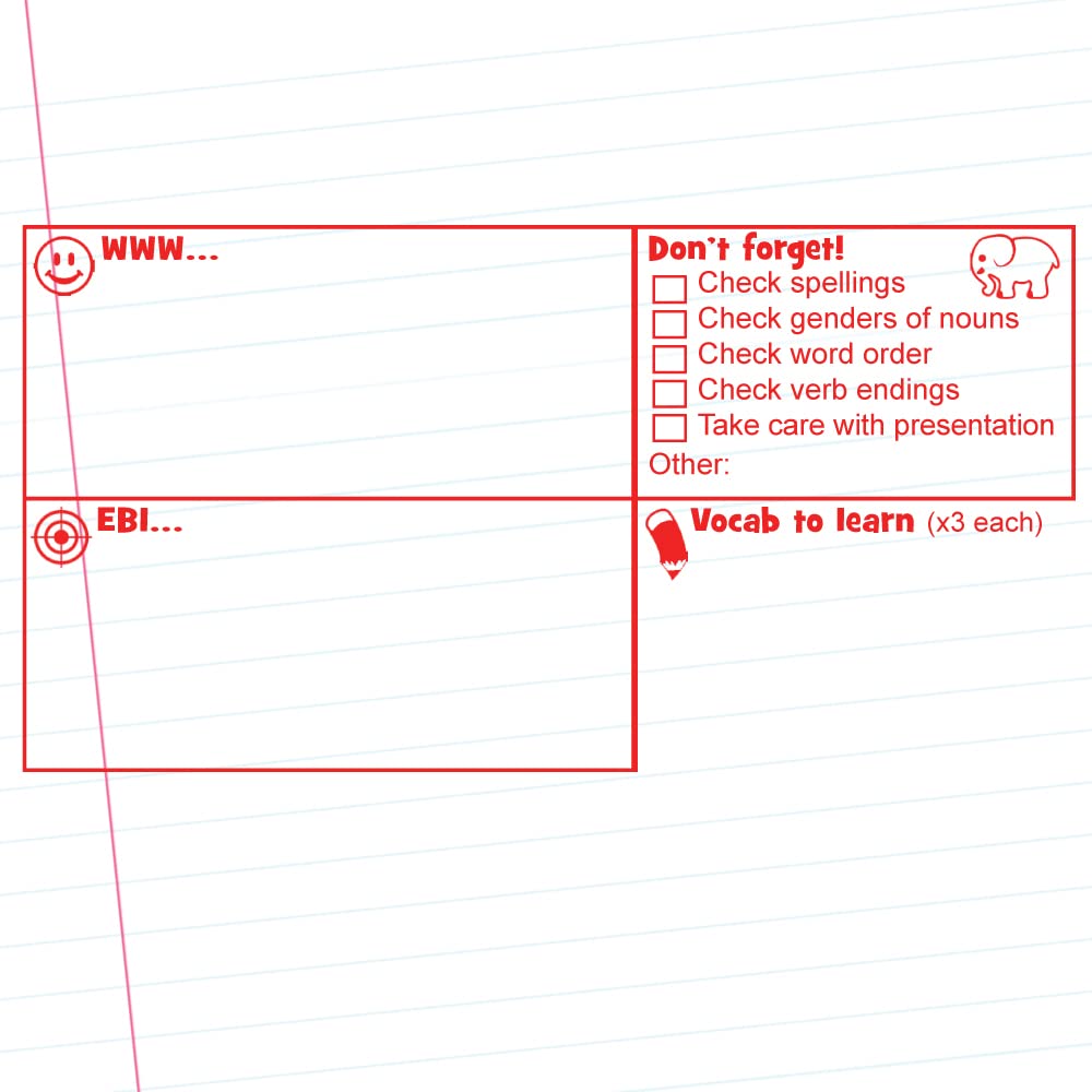 Red Languages Teacher Marking Checklist (Grammar, Presentation Etc.), Feedback, Target & Vocabulary To Learn Setting Stamp - Large Format, Self-Inking Stamper. (Red)*