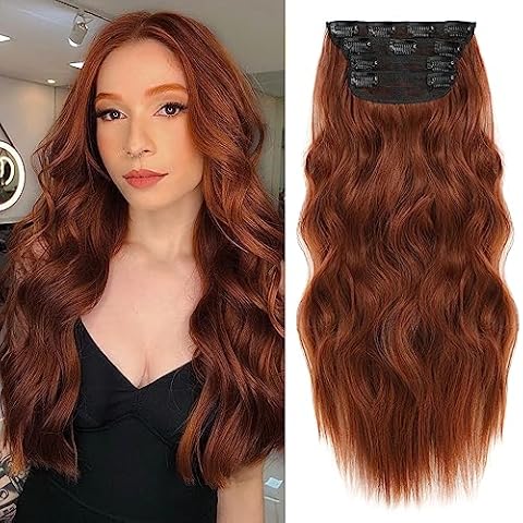 NAYOO Clip in Curly Hair Extensions 4PCS Long Wavy Synthetic Thick Hairpieces with Fiber Double Weft for Women Hair Full Head (20 Inch, Auburn) Cover
