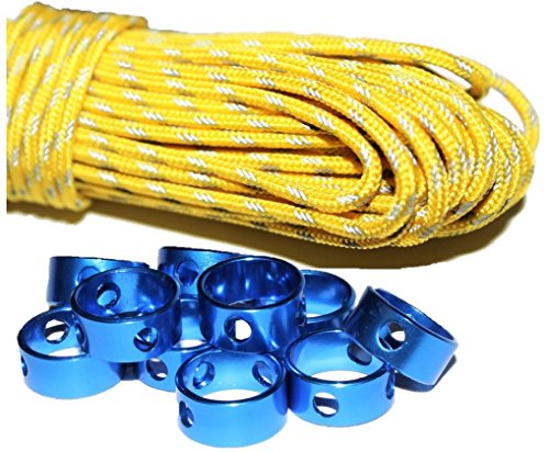 Ultra-Reflective Tent Guyline Support Kit - Includes 10 Aluminum Adjusters and Highly Reflective 2.5 mm Paracord (15 Meters ~49 feet)