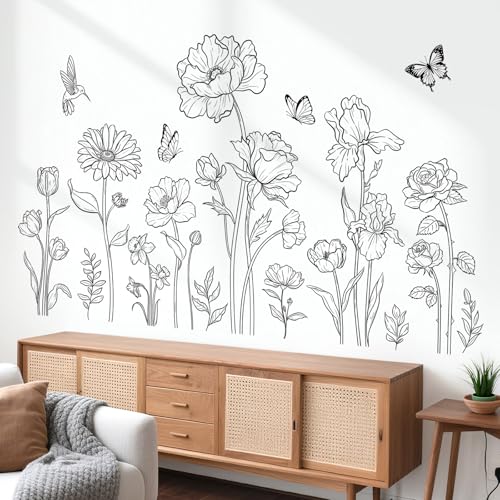 decalmile Adesivi Murali Fiori Neri Schizzo Adesivi da Parete Fiore Boho Floreali Pianta Decorazione Murale Camera da Letto Soggiorno Ufficio Divano